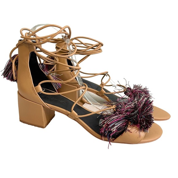 Rebecca Minkoff Isla Camel Tassel Peep Toe Lace Up Gladiator Heels Size 9 - Picture 1 of 10